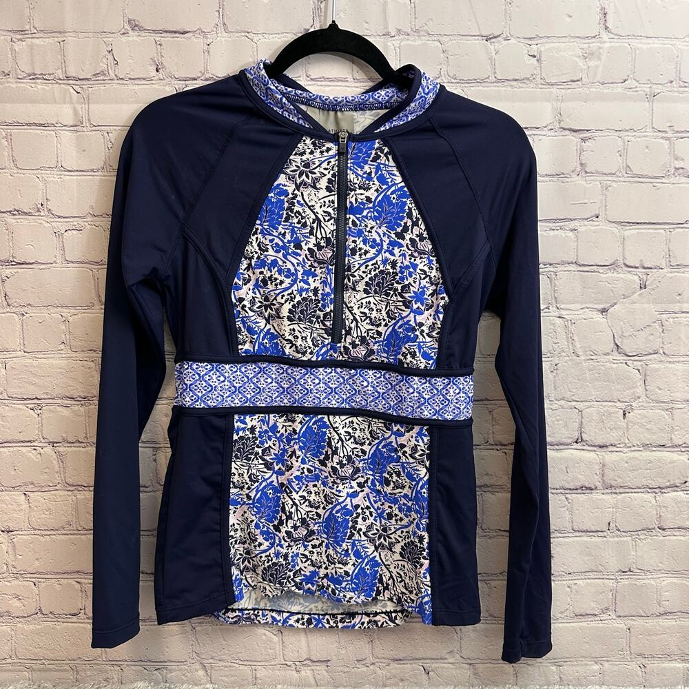 Athleta Indigo Shores Zip Rashguard Navy Blue Floral UPF 50 Long Sleeve Small